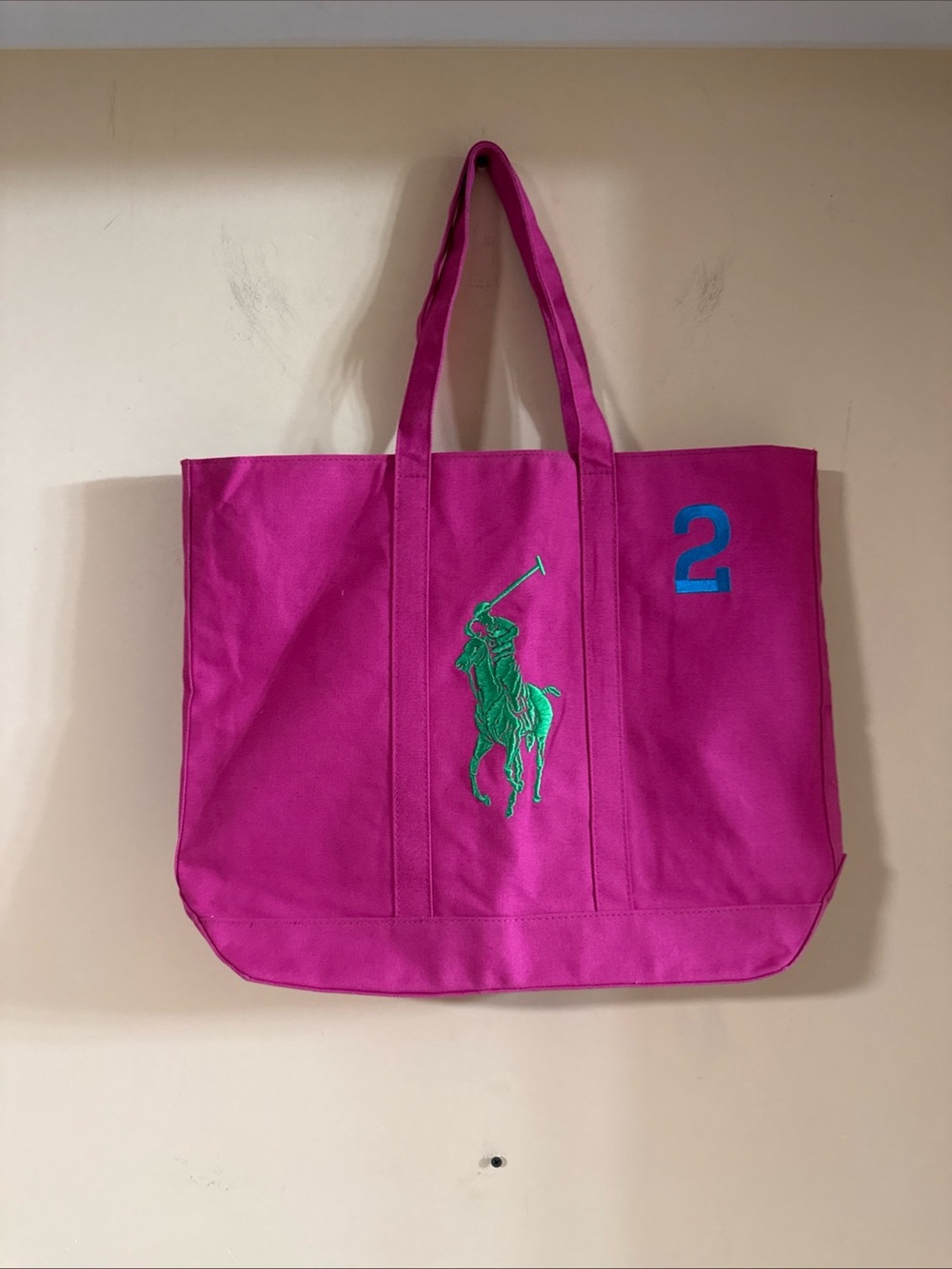 Ralph Lauren Fuchsia Canvas Tote with Green Polo Motif and Blue '2'NEW - Picture 3 of 16